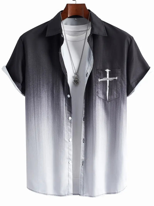 Men's Button Up Shirt - Gray Black, Cross   2-7