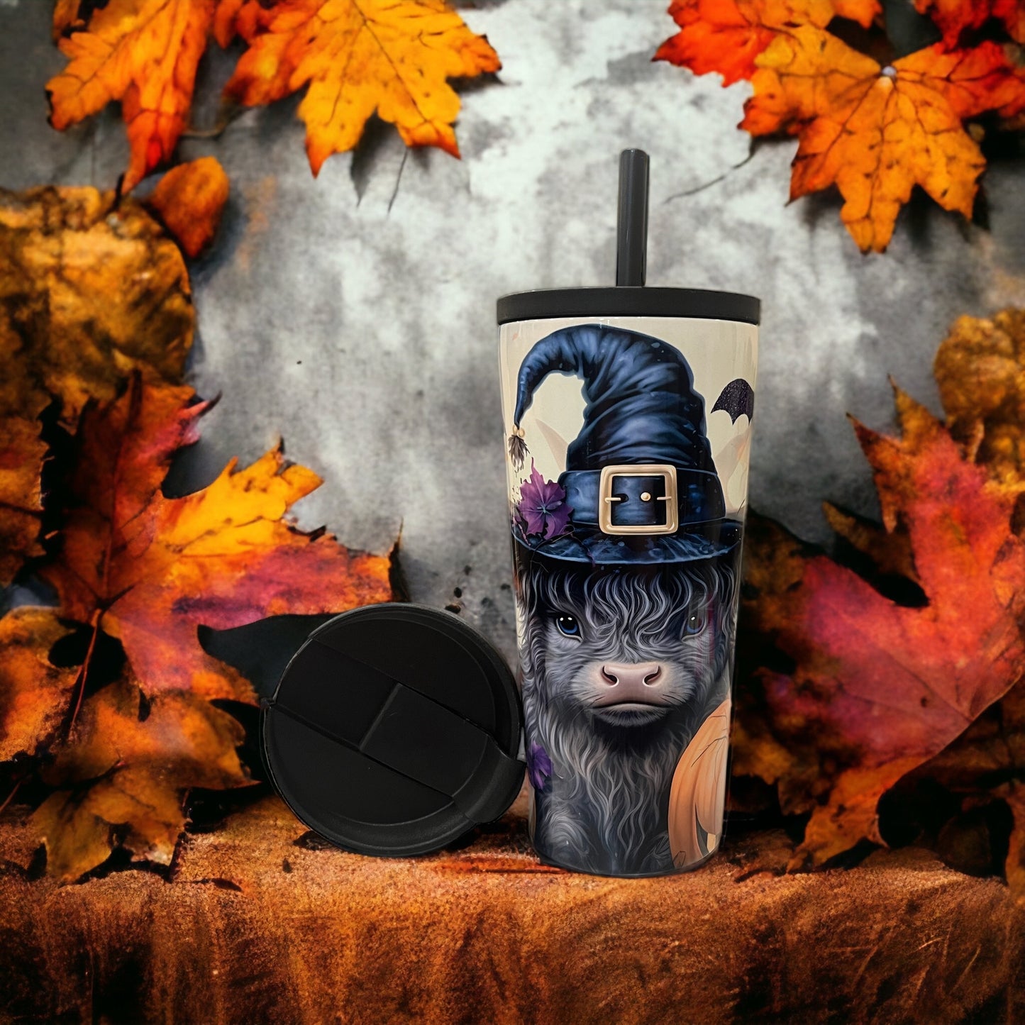 20oz Coffee Travel Tumbler with dual lids Halloween -cow witch