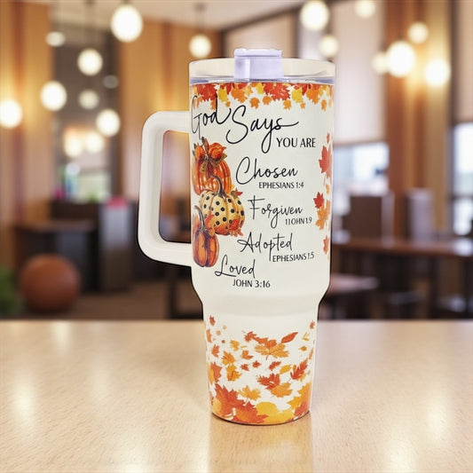 40oz "God Says You Are" Autumn Christian Tumbler – Stainless Steel Insulated Holographic Sparkle