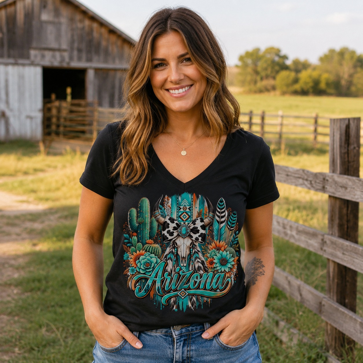 A smiling woman stands outdoors in a rural setting wearing a black V-neck graphic T-shirt with a colorful Arizona-themed design featuring cacti, a skull, feathers, and the word 'Arizona' in teal script. She is also wearing blue jeans.