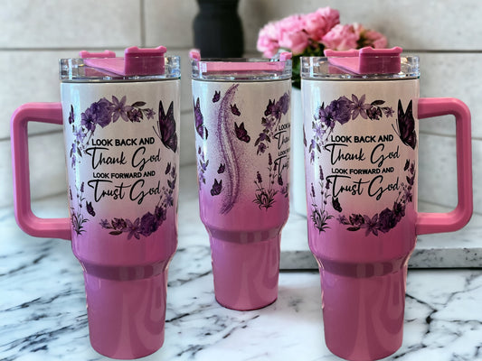 40oz Stanley Style Thirst Quencher Tumblers - Look Back and Trust God Look Forward and Trust God white/purple holographic sparkl￼