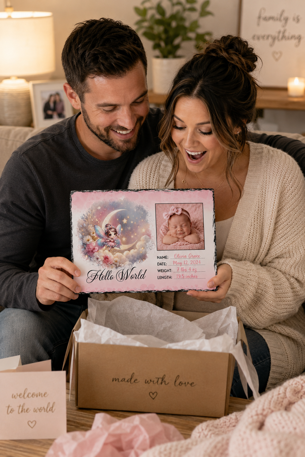 A couple sitting together in a cozy living room setting, holding a custom photo plaque that reads 'Hello World' with a baby's portrait. An open kraft gift box with pink tissue paper and matching cards are visible in front of them.