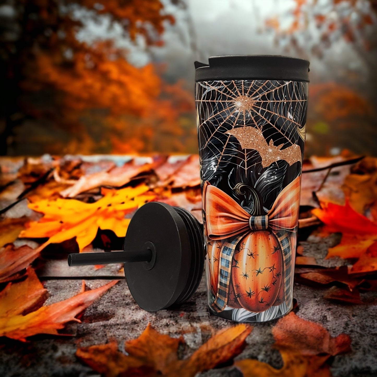 20oz Coffee Travel Tumbler with dual lids Halloween  pumpkins, spiderwebs ￼