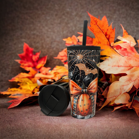 20oz Coffee Travel Tumbler with dual lids Halloween  pumpkins, spiderwebs ￼