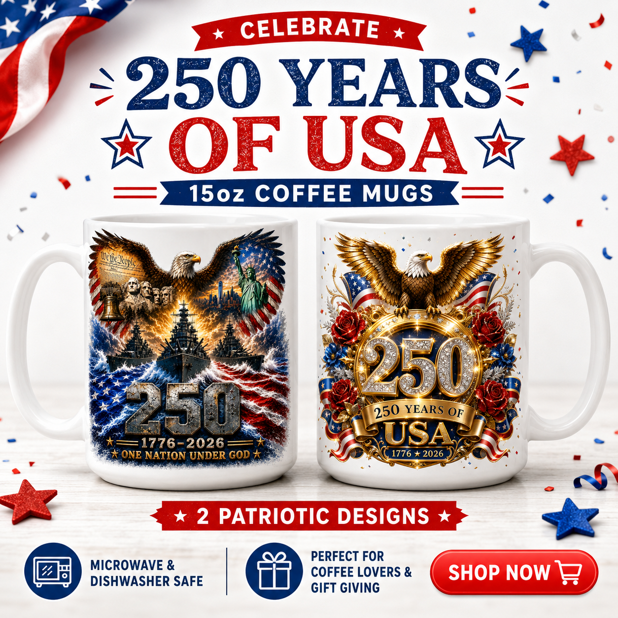 250 Years of USA 1776-2026 Patriotic 15oz Coffee Mug | One Nation Under God Ceramic Mug | America 250th Anniversary Gift