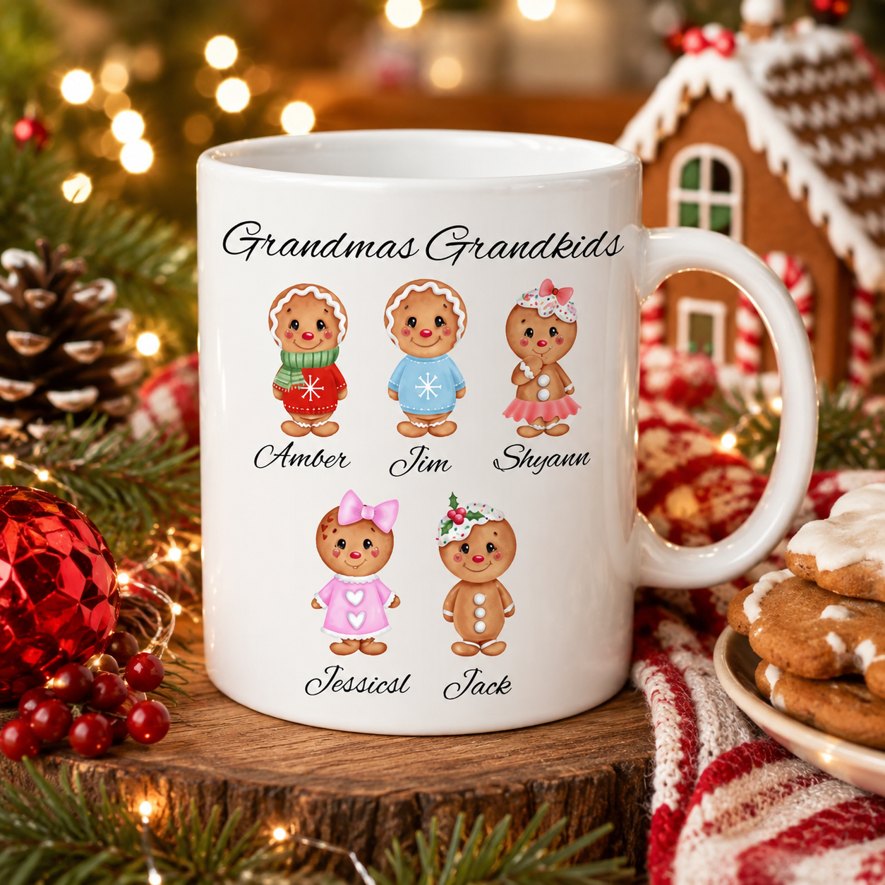 Personalized Grandma Gingerbread Mug | Custom Grandkids Christmas Coffee Mug | Nana, Mimi, Gigi, Grammy Gift | 12oz or 15oz Ceramic Mug