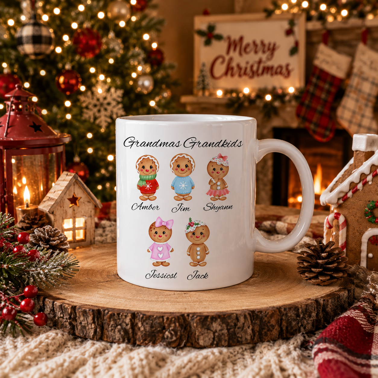 Personalized Grandma Gingerbread Mug | Custom Grandkids Christmas Coffee Mug | Nana, Mimi, Gigi, Grammy Gift | 12oz or 15oz Ceramic Mug