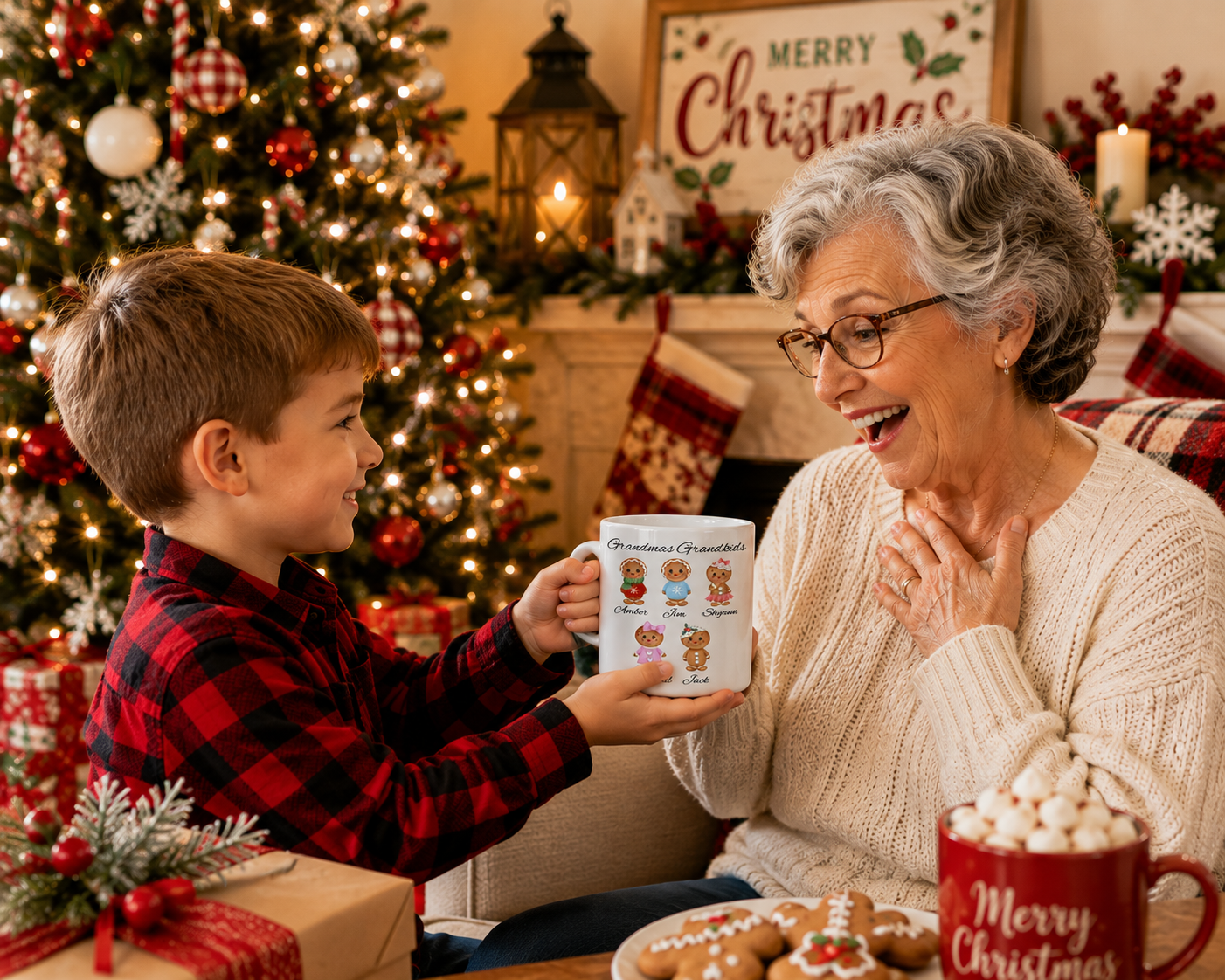 Personalized Grandma Gingerbread Mug | Custom Grandkids Christmas Coffee Mug | Nana, Mimi, Gigi, Grammy Gift | 12oz or 15oz Ceramic Mug
