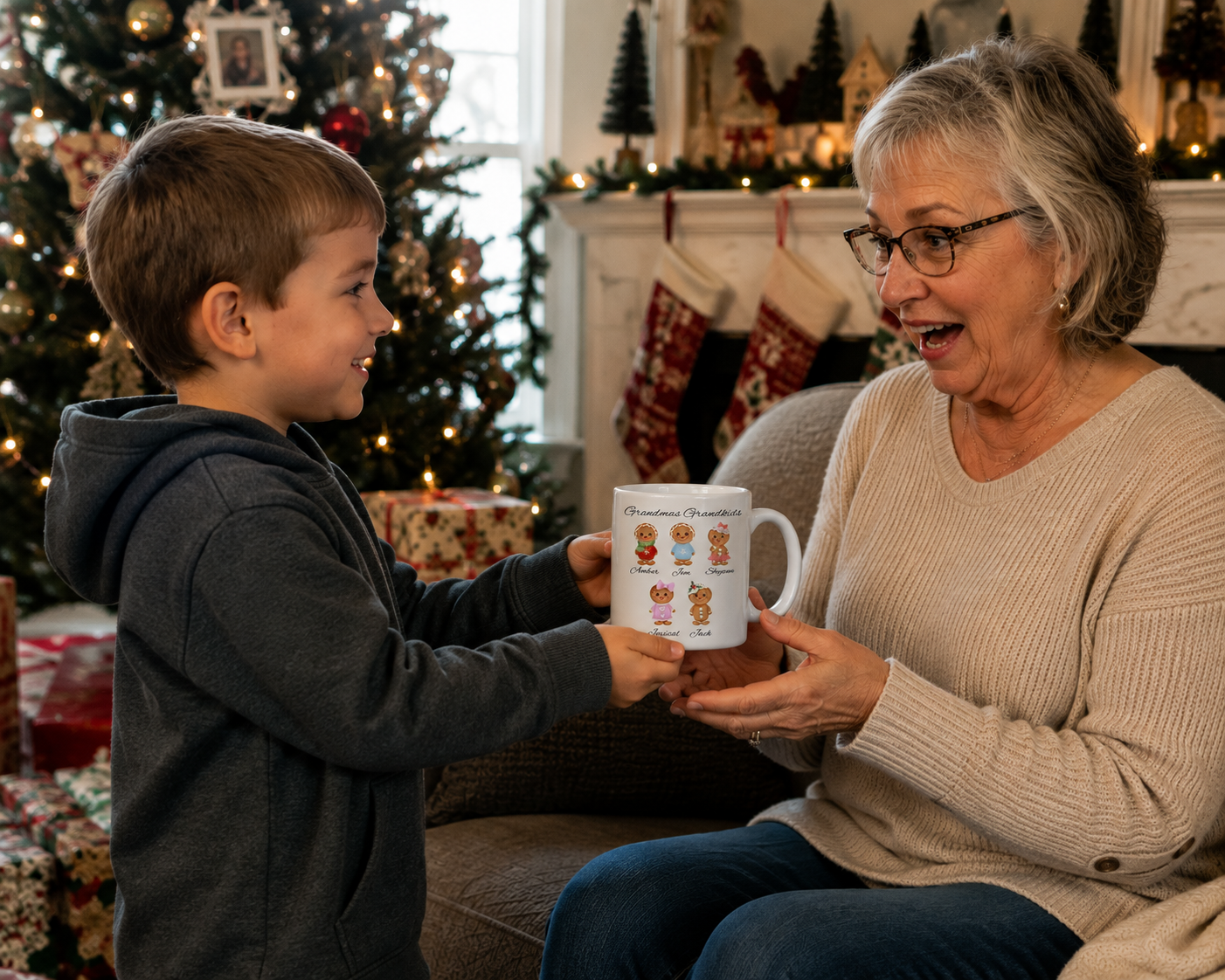Personalized Grandma Gingerbread Mug | Custom Grandkids Christmas Coffee Mug | Nana, Mimi, Gigi, Grammy Gift | 12oz or 15oz Ceramic Mug