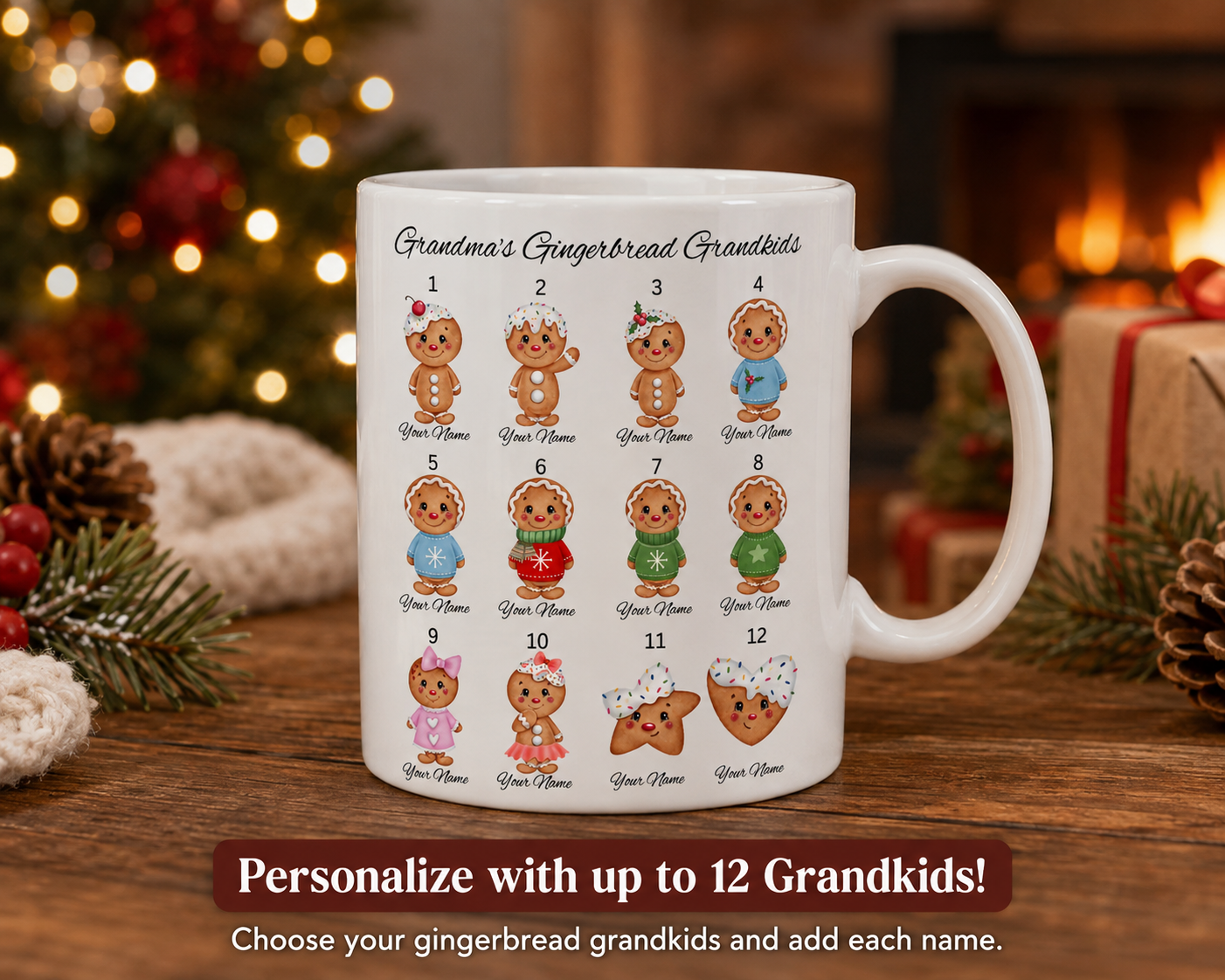 Personalized Grandma Gingerbread Mug | Custom Grandkids Christmas Coffee Mug | Nana, Mimi, Gigi, Grammy Gift | 12oz or 15oz Ceramic Mug