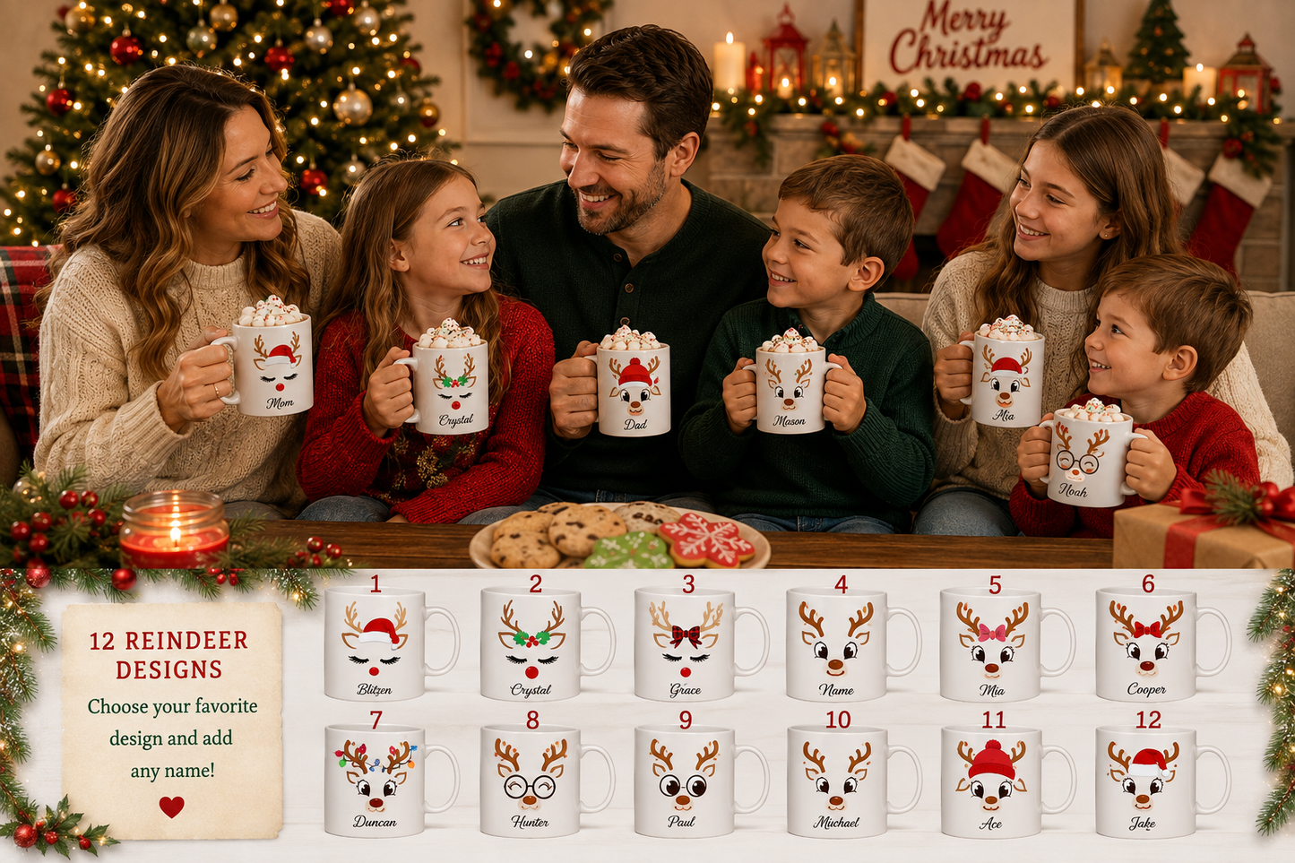 Personalized Reindeer Christmas Mug | Custom Name Holiday Coffee Cup | Matching Family Cocoa Mug | Christmas Eve Box Gift | 11oz Ceramic Mug