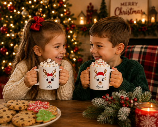 Personalized Reindeer Christmas Mug | Custom Name Holiday Coffee Cup | Matching Family Cocoa Mug | Christmas Eve Box Gift | 11oz Ceramic Mug