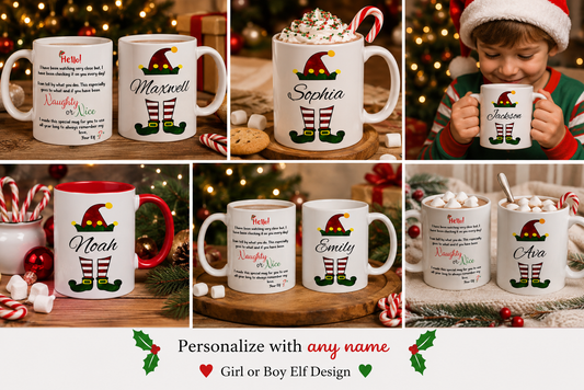 Personalized Christmas Elf Hot Chocolate Mug | Custom Kids Christmas Cocoa Mug | Christmas Eve Box Gift | 11oz Ceramic Mug