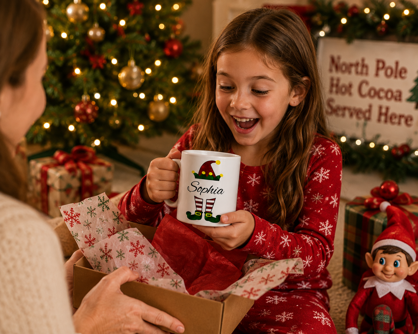 Personalized Christmas Elf Hot Chocolate Mug | Custom Kids Christmas Cocoa Mug | Christmas Eve Box Gift | 11oz Ceramic Mug