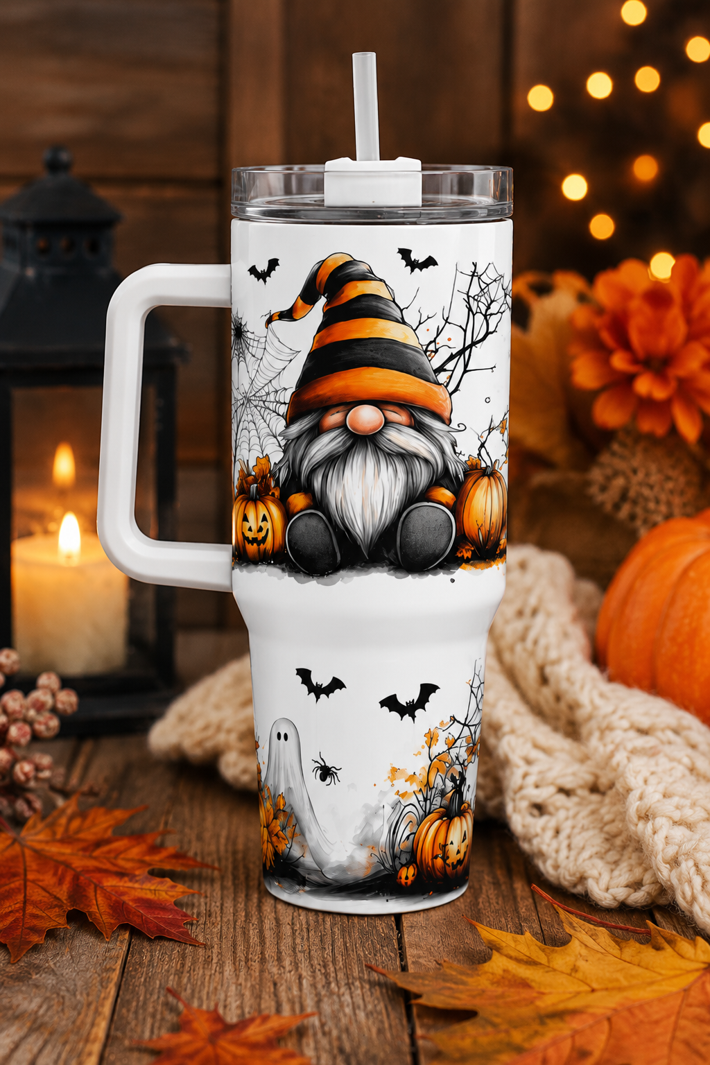 Halloween Gnome 40 oz Tumbler with Handle | Pumpkin, Ghost & Bat Fall Cup | Spooky Autumn Stainless Steel Travel Mug  Product Descriptio