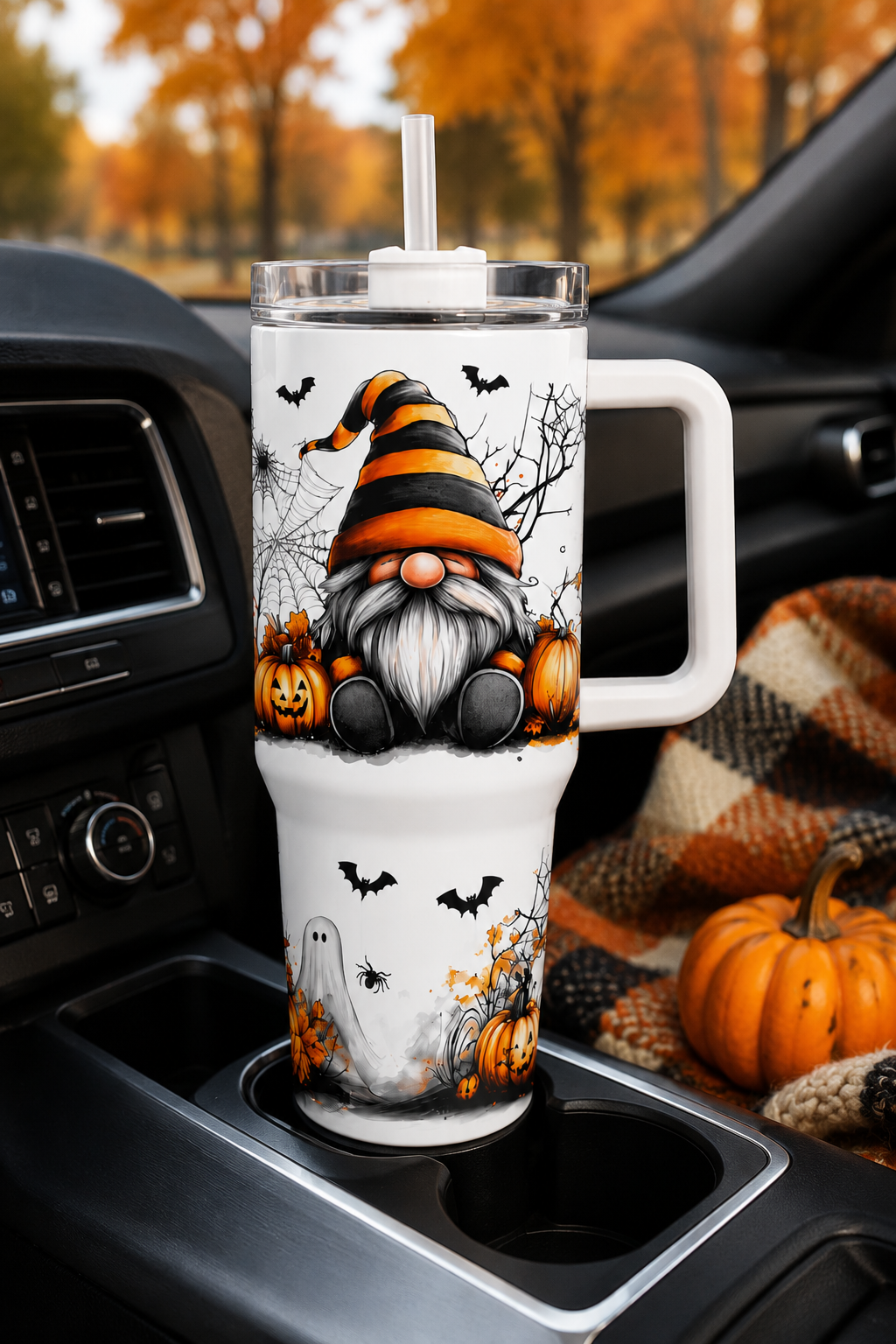 Halloween Gnome 40 oz Tumbler with Handle | Pumpkin, Ghost & Bat Fall Cup | Spooky Autumn Stainless Steel Travel Mug  Product Descriptio