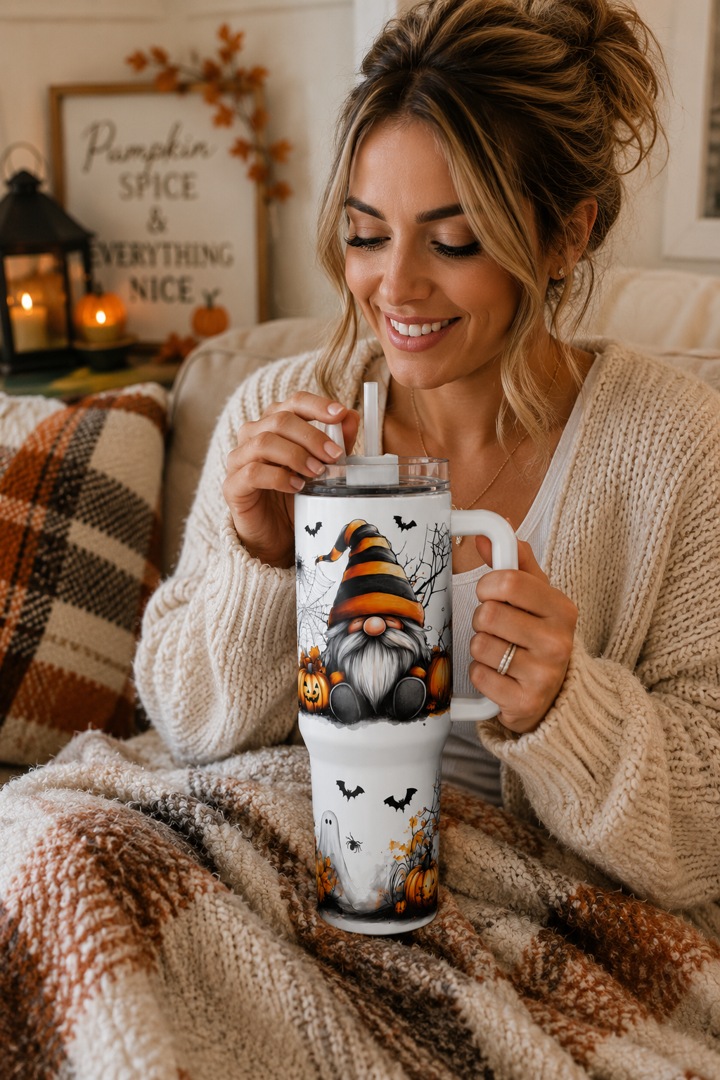 Halloween Gnome 40 oz Tumbler with Handle | Pumpkin, Ghost & Bat Fall Cup | Spooky Autumn Stainless Steel Travel Mug  Product Descriptio
