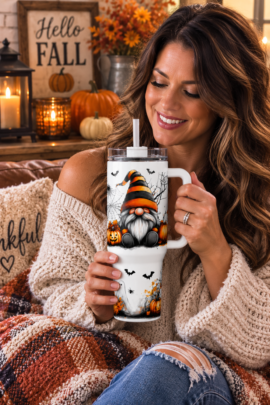 Halloween Gnome 40 oz Tumbler with Handle | Pumpkin, Ghost & Bat Fall Cup | Spooky Autumn Stainless Steel Travel Mug  Product Descriptio