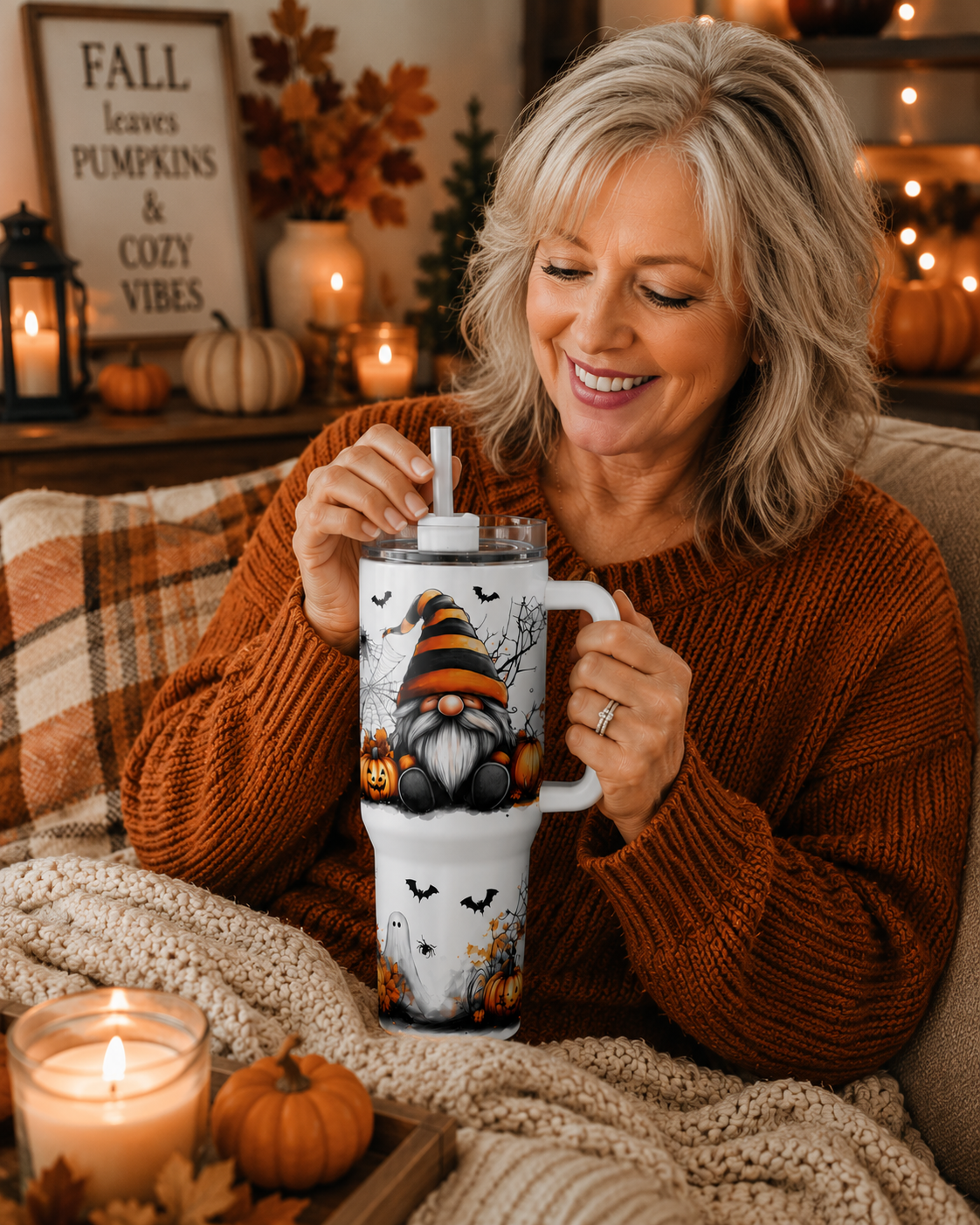 Halloween Gnome 40 oz Tumbler with Handle | Pumpkin, Ghost & Bat Fall Cup | Spooky Autumn Stainless Steel Travel Mug  Product Descriptio