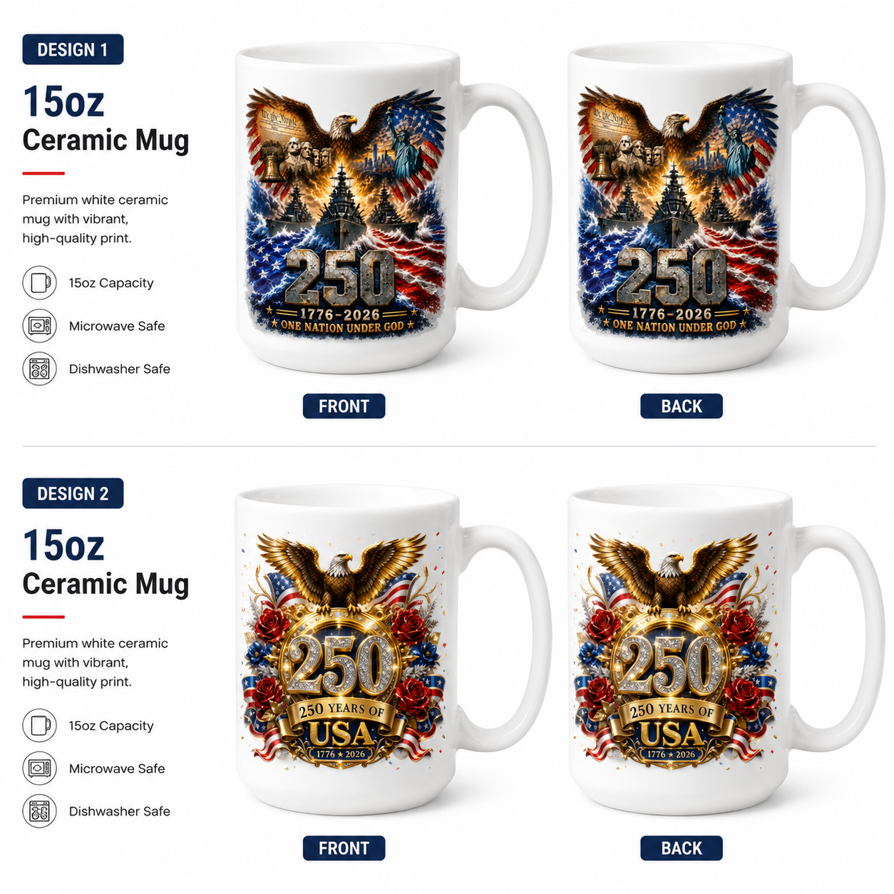 250 Years of USA 1776-2026 Patriotic 15oz Coffee Mug | One Nation Under God Ceramic Mug | America 250th Anniversary Gift