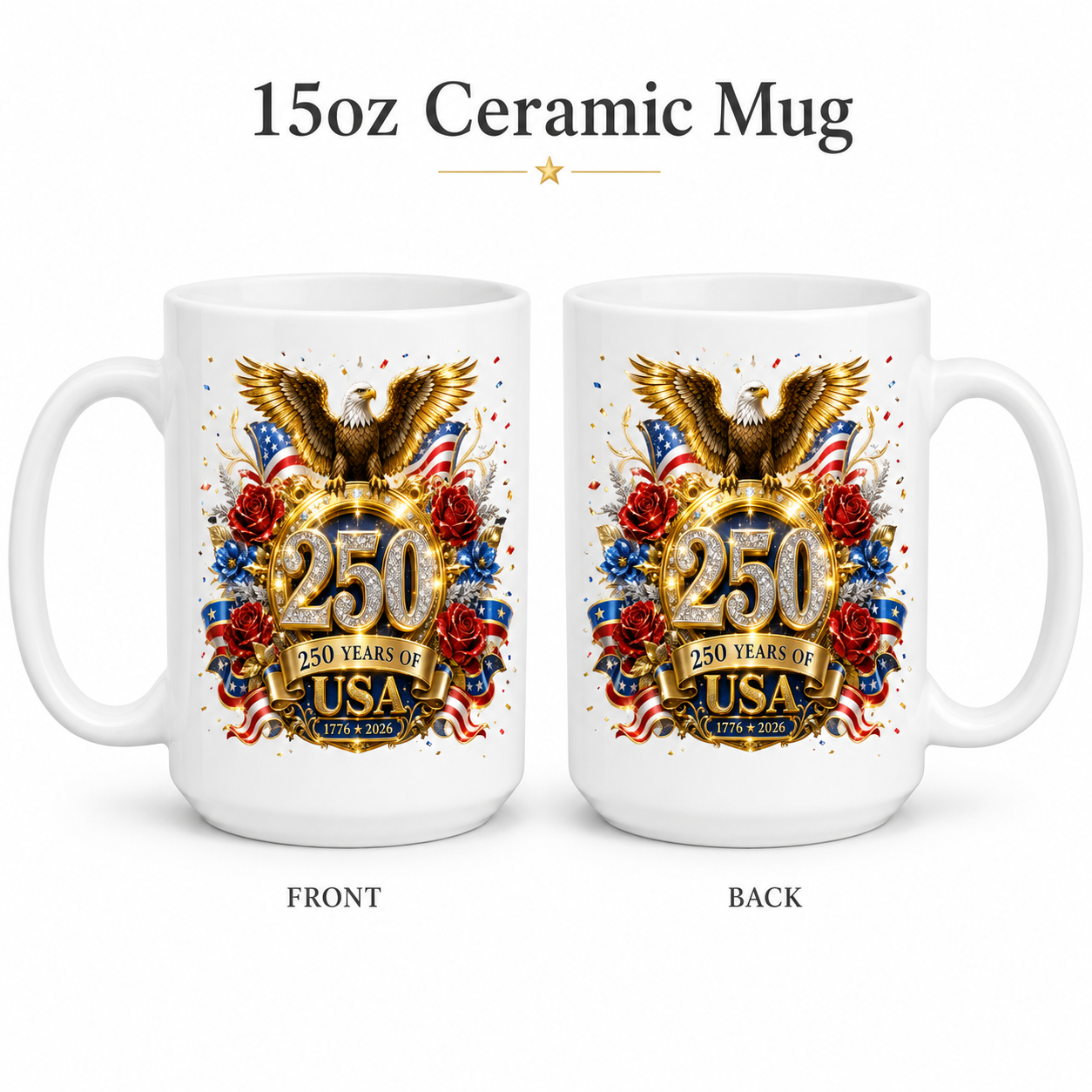 250 Years of USA 1776-2026 Patriotic 15oz Coffee Mug | One Nation Under God Ceramic Mug | America 250th Anniversary Gift