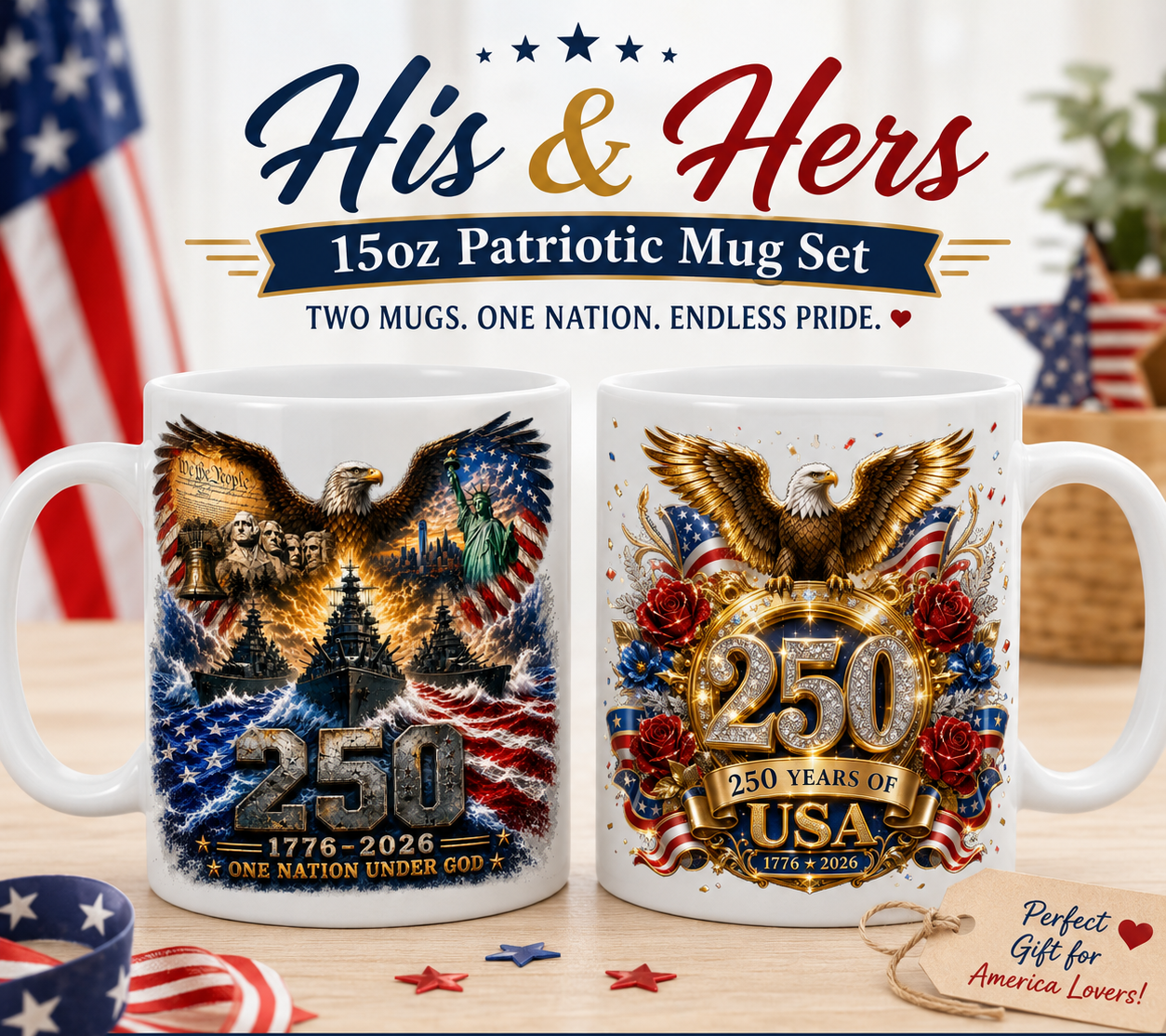 250 Years of USA 1776-2026 Patriotic 15oz Coffee Mug | One Nation Under God Ceramic Mug | America 250th Anniversary Gift