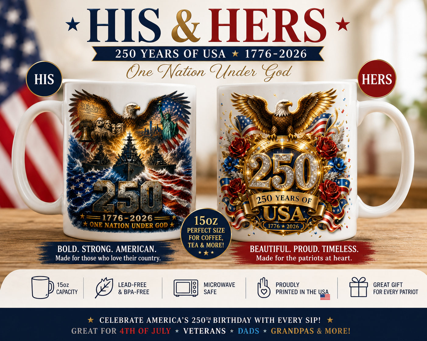 250 Years of USA 1776-2026 Patriotic 15oz Coffee Mug | One Nation Under God Ceramic Mug | America 250th Anniversary Gift