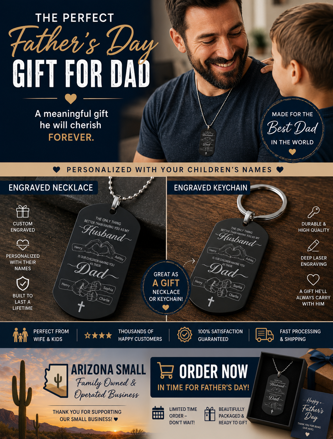 Personalized Father’s Day Engraved Dad Keychain | Custom Kids Names Gift for Dad