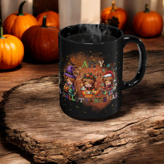 Happy HalloThanksMas Black Mug 11oz             200-3