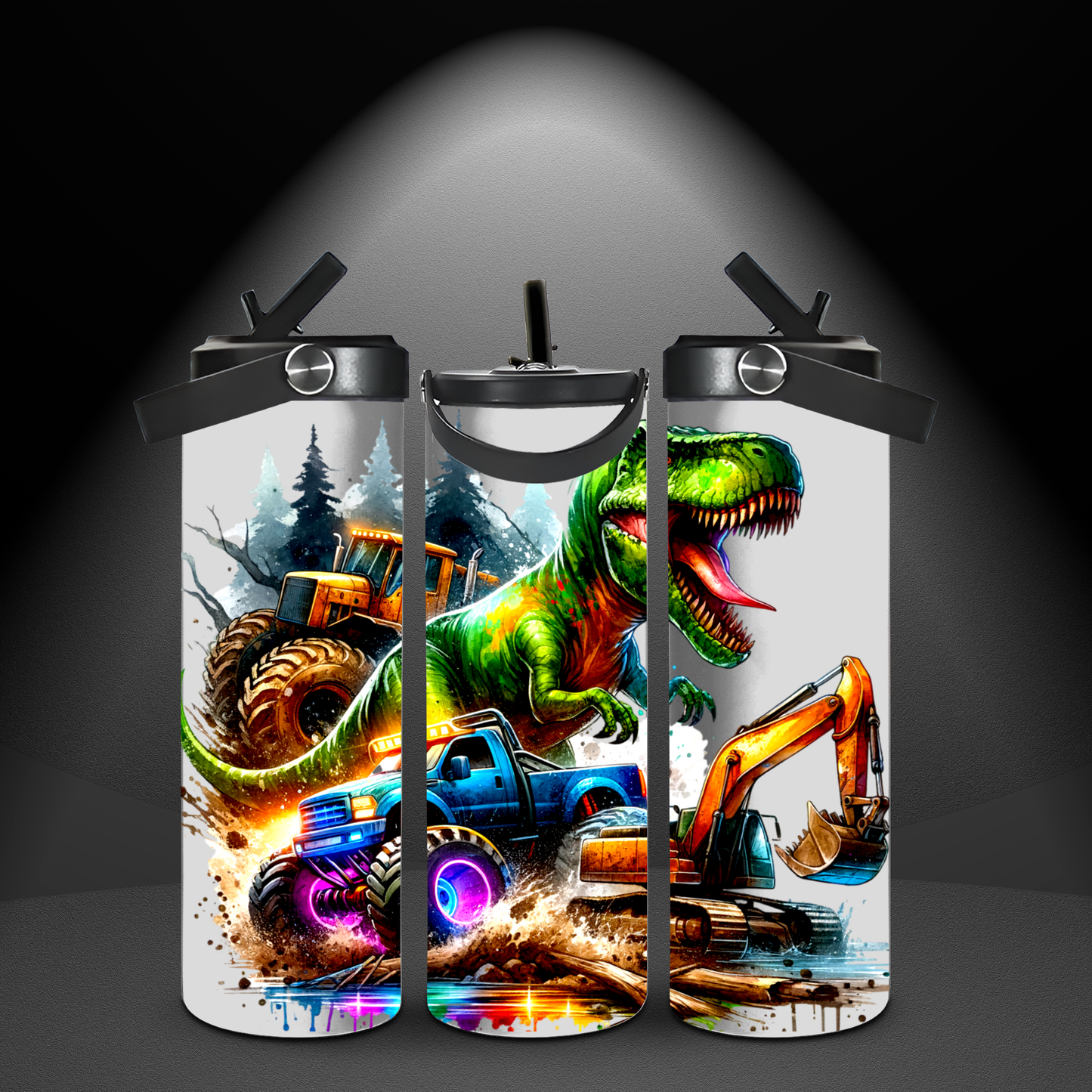 Dinosaur Meets Monster Truck  Fun & Functional 20oz Leak-Proof Stainless Steel Water Bottle