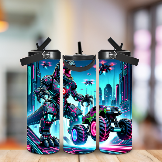 Robot &Trucks Fun & Functional 20oz Leak-Proof Stainless Steel Water Bottle