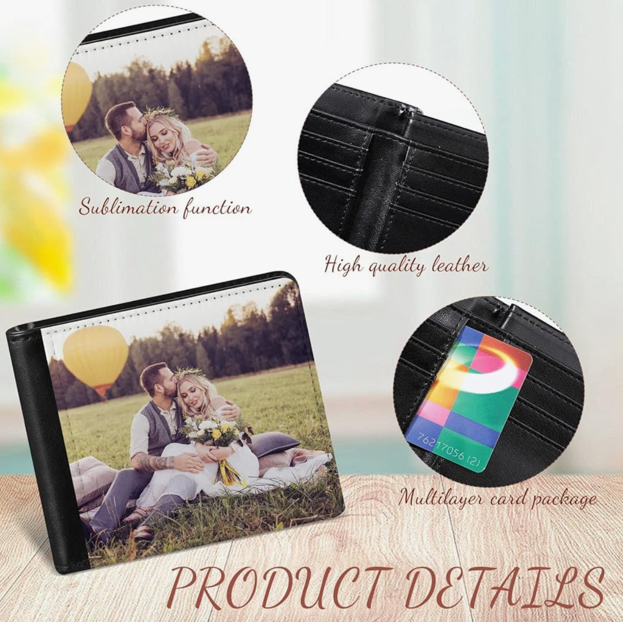 Product details of a personalized photo wallet featuring a custom printed photo, high-quality leather, multiple card slots, and vibrant full-color printing. Perfect personalized gift for husbands, dads, boyfriends, anniversaries, Father’s Day, memorials, birthdays, and Christmas.