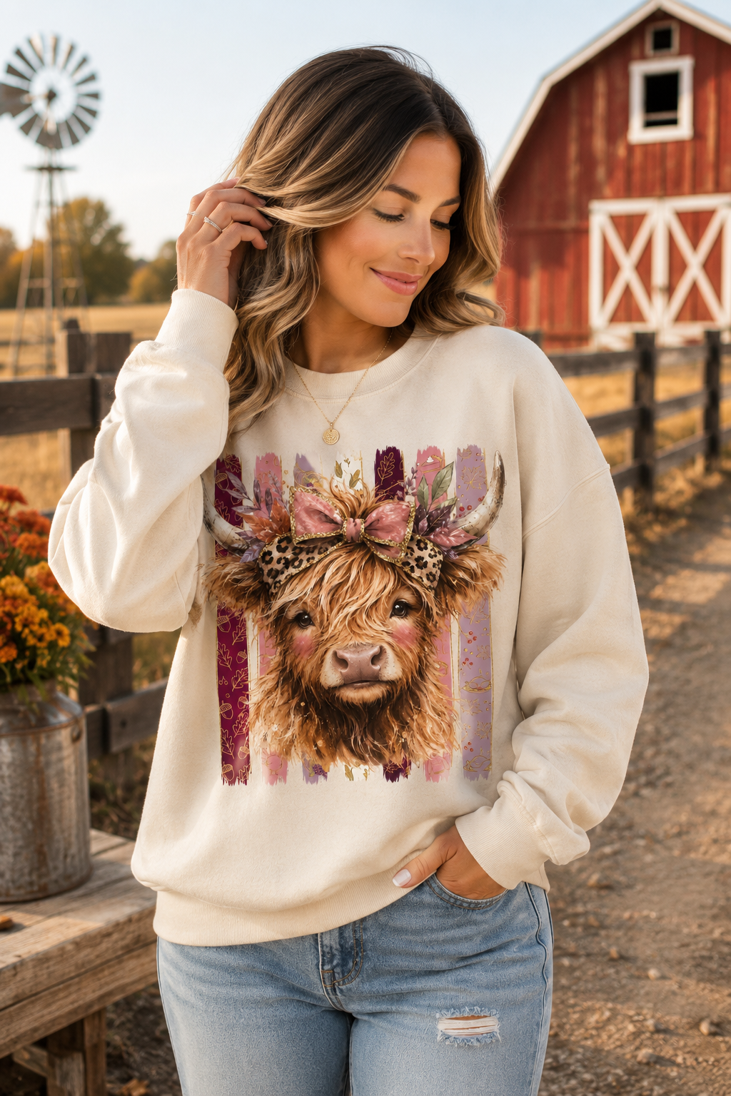 A woman wearing a cream-colored crewneck sweatshirt with a graphic of a Highland cow wearing a floral crown, set against a rustic farm background with a red barn.
