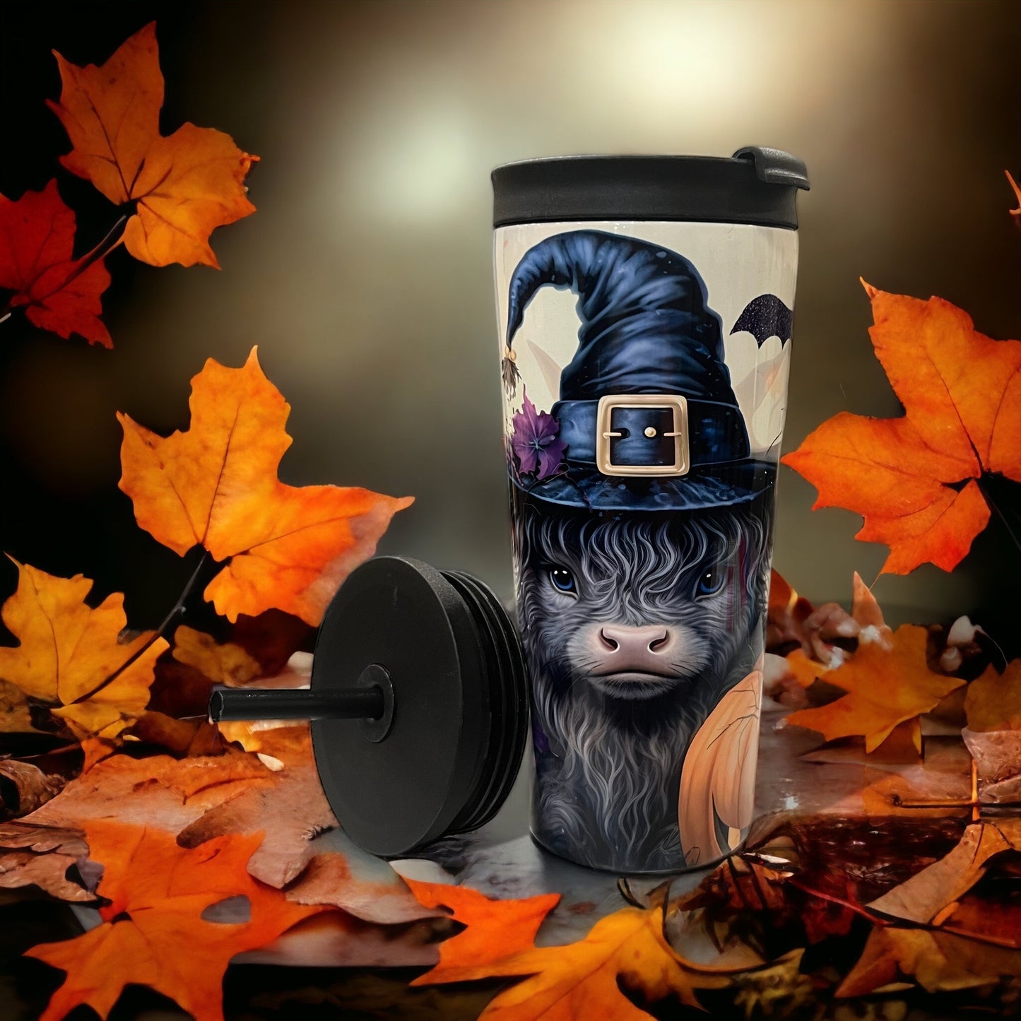 20oz Coffee Travel Tumbler with dual lids Halloween -cow witch