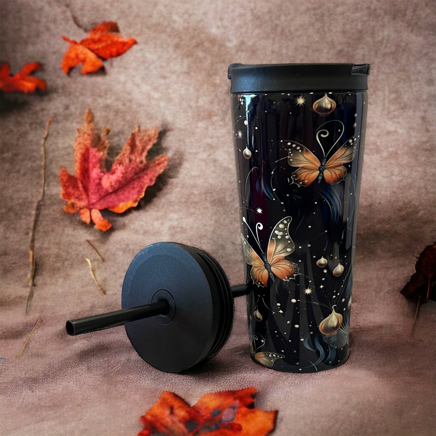 20oz Coffee Travel Tumbler with dual lids Fall, pumpkin, pumpkin butterflies