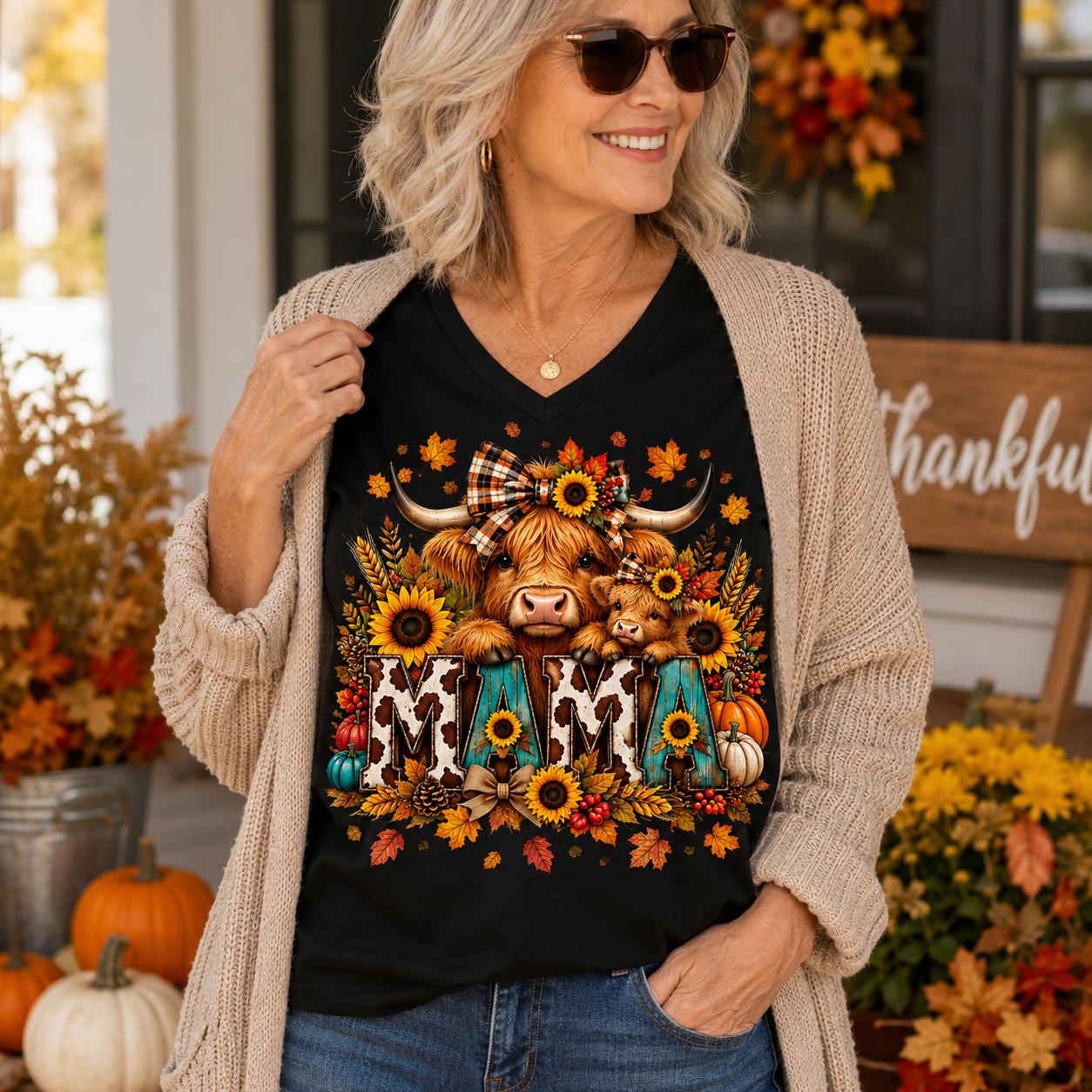 A woman wearing a black V-neck graphic t-shirt with a fall-themed Highland cow design and a beige knit cardigan, standing in front of a fall-themed background with pumpkins and autumn decorations.