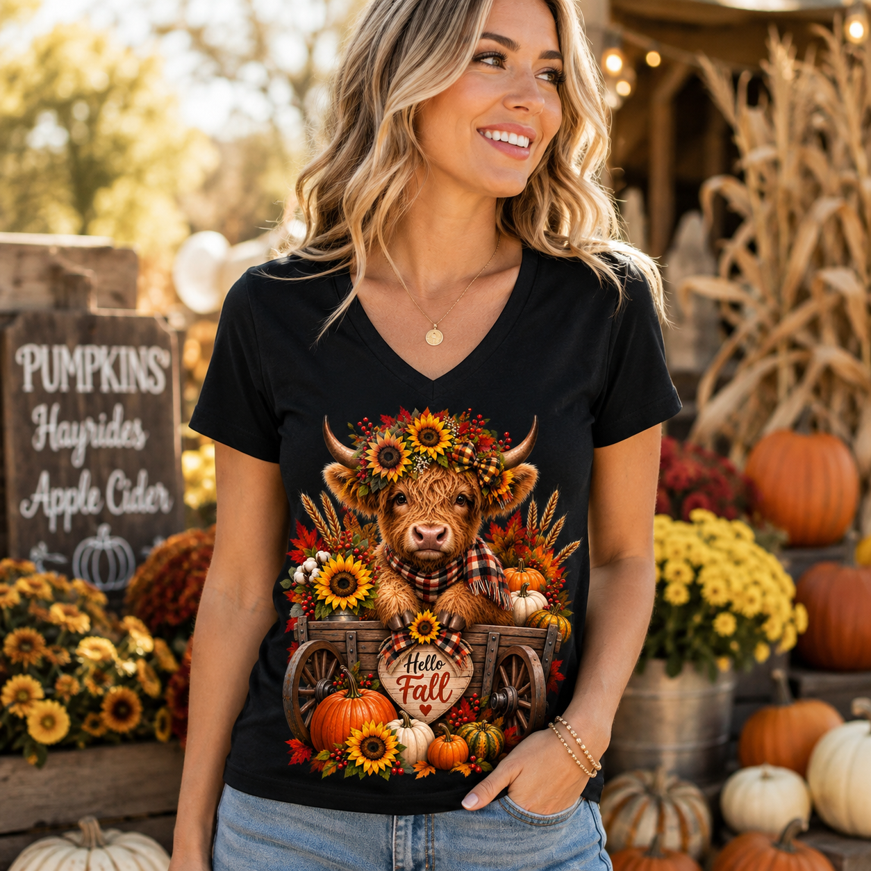A woman wearing a black V-neck graphic t-shirt with a detailed autumn Highland cow design surrounded by pumpkins, sunflowers, and a 'Hello Fall' sign, set against a rustic fall-themed background.