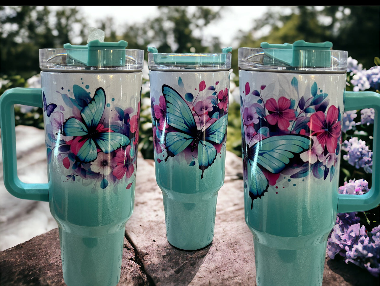 40oz Stanley Style Thirst Quencher Tumblers -butterflies holographic sparkle