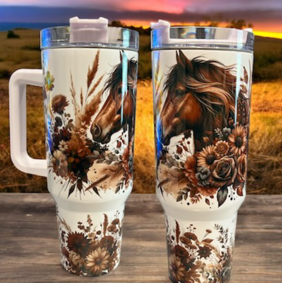 40oz Stanley Style - Beautiful Horse with flowers