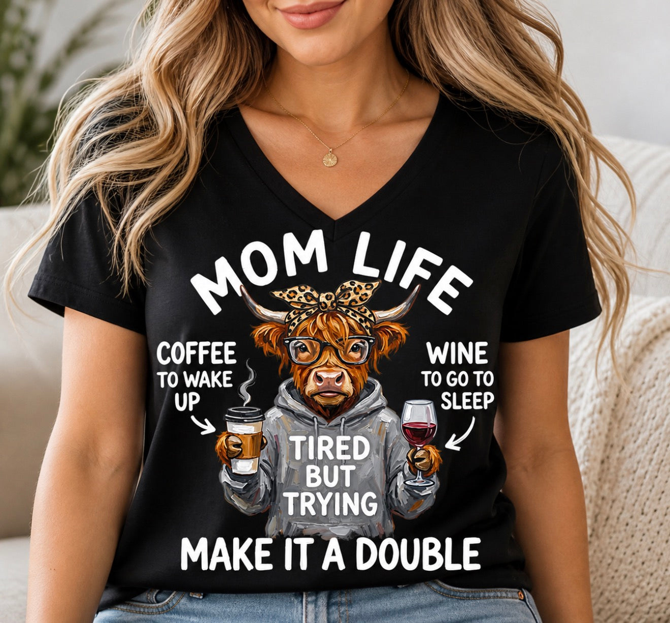 Mom Life T-Shirt – Tired But Trying – Funny Mom Shirt – Coffee & Wine Graphic Tee – Mother’s Day Gift – Crewneck or Soft V-Neck
