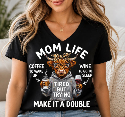 Mom Life T-Shirt – Tired But Trying – Funny Mom Shirt – Coffee & Wine Graphic Tee – Mother’s Day Gift – Crewneck or Soft V-Neck