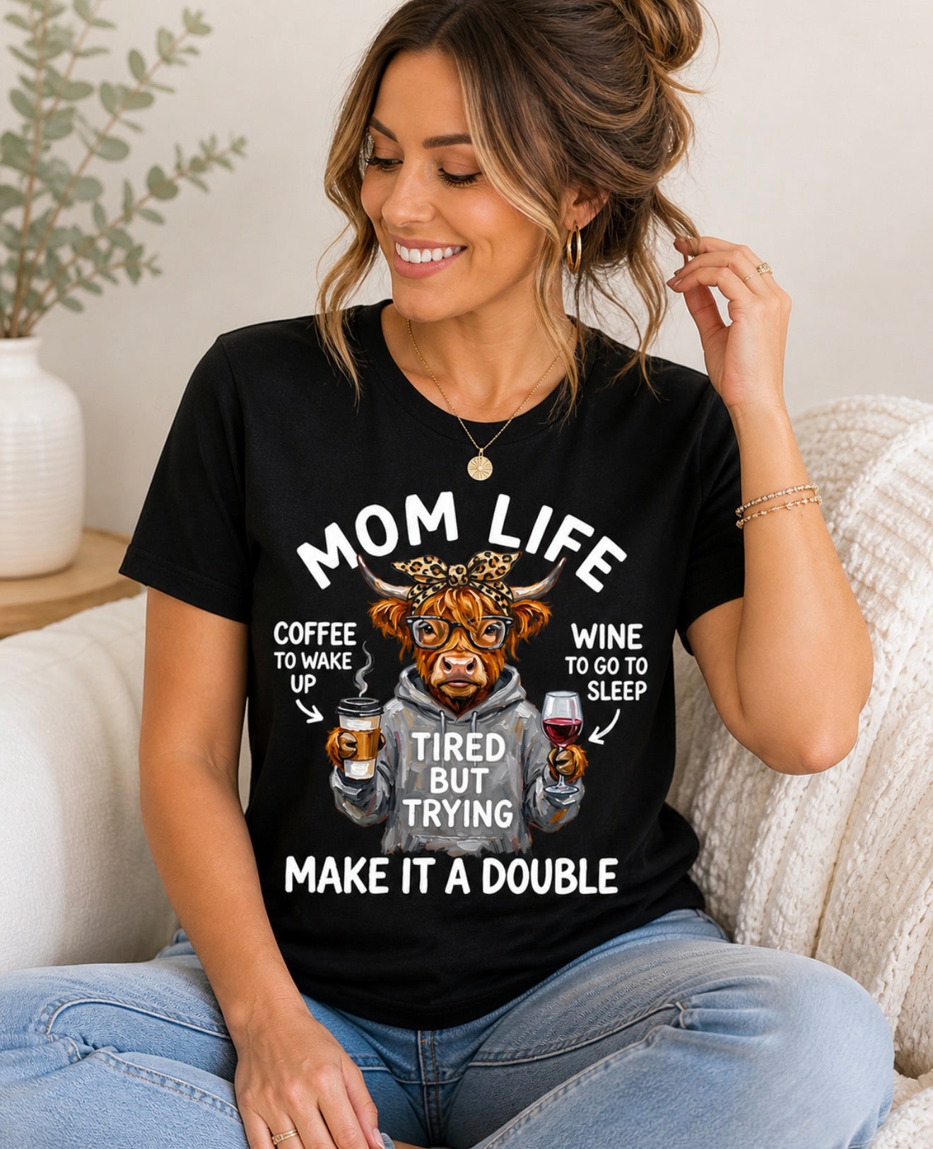Mom Life T-Shirt – Tired But Trying – Funny Mom Shirt – Coffee & Wine Graphic Tee – Mother’s Day Gift – Crewneck or Soft V-Neck