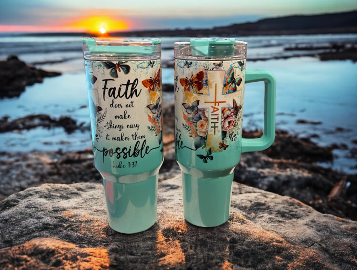 40oz Stanley Style Thirst Quencher Tumblers - Faith does not make things easy it makes them possible ￼ Teal/white holographic, shimmer