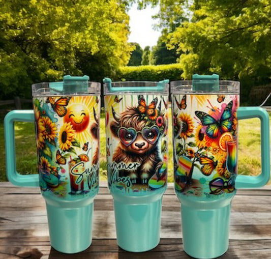 40oz Stanley Style Thirst Quencher Tumblers - Beach Cow holographic shimmer