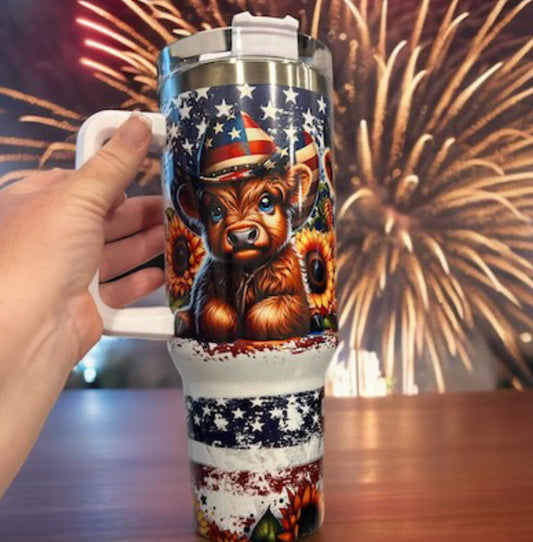 40oz Stanley Style Thirst Quencher Tumblers - Patriotic Cow holographic shimmer