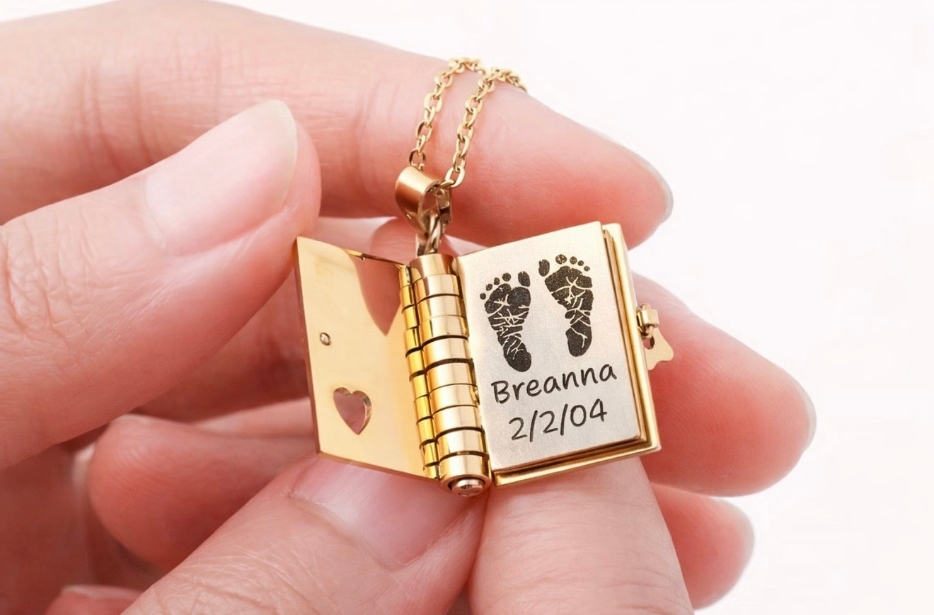 Personalized Engraved Mini Book Necklace – Custom Photo & Name Keepsake Gift for Mom, Grandma & Loved Ones