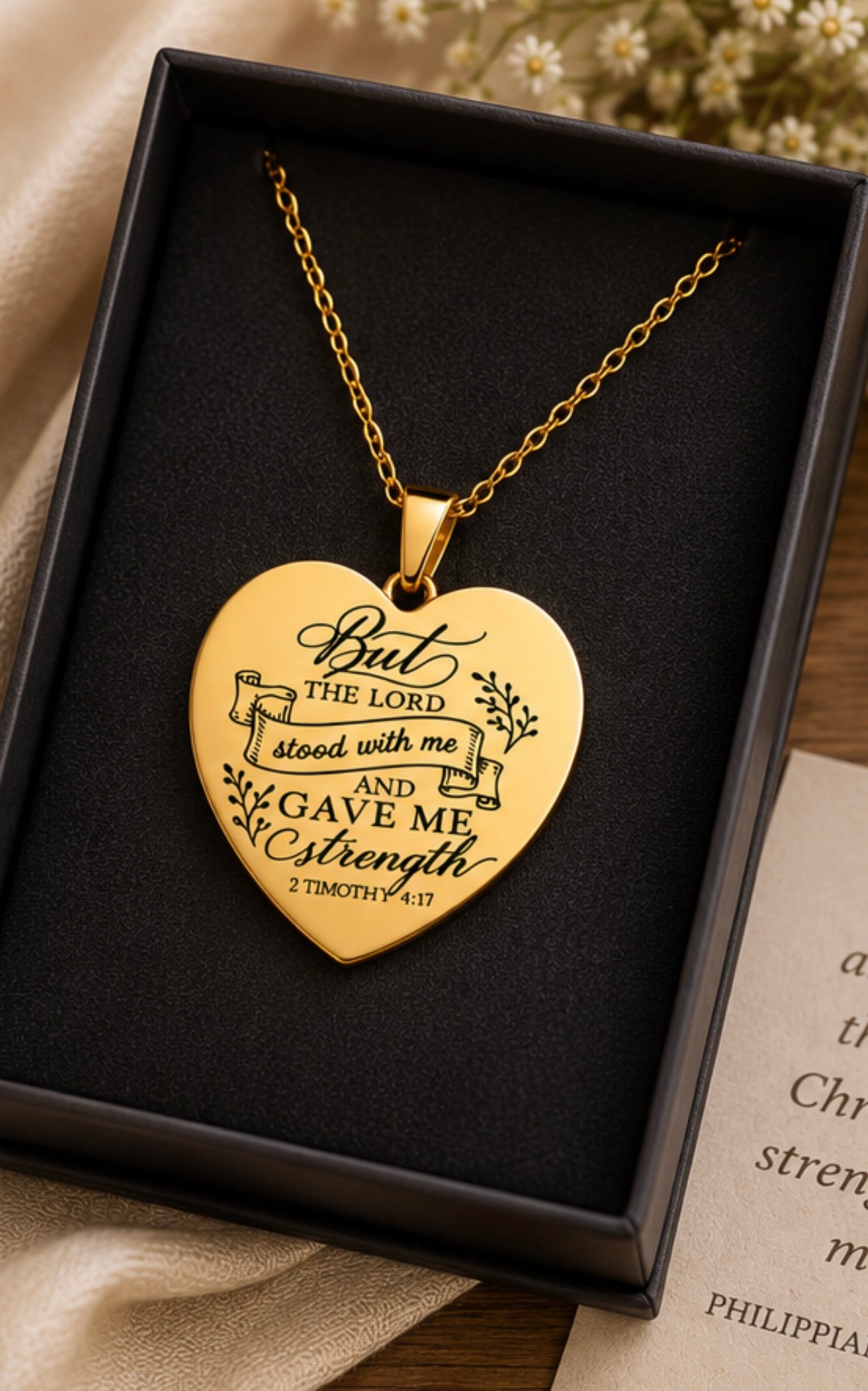 Christian Heart Necklace | 2 Timothy 4:17 Gold Engraved Gift