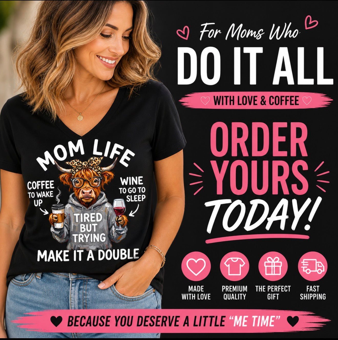 Mom Life T-Shirt – Tired But Trying – Funny Mom Shirt – Coffee & Wine Graphic Tee – Mother’s Day Gift – Crewneck or Soft V-Neck
