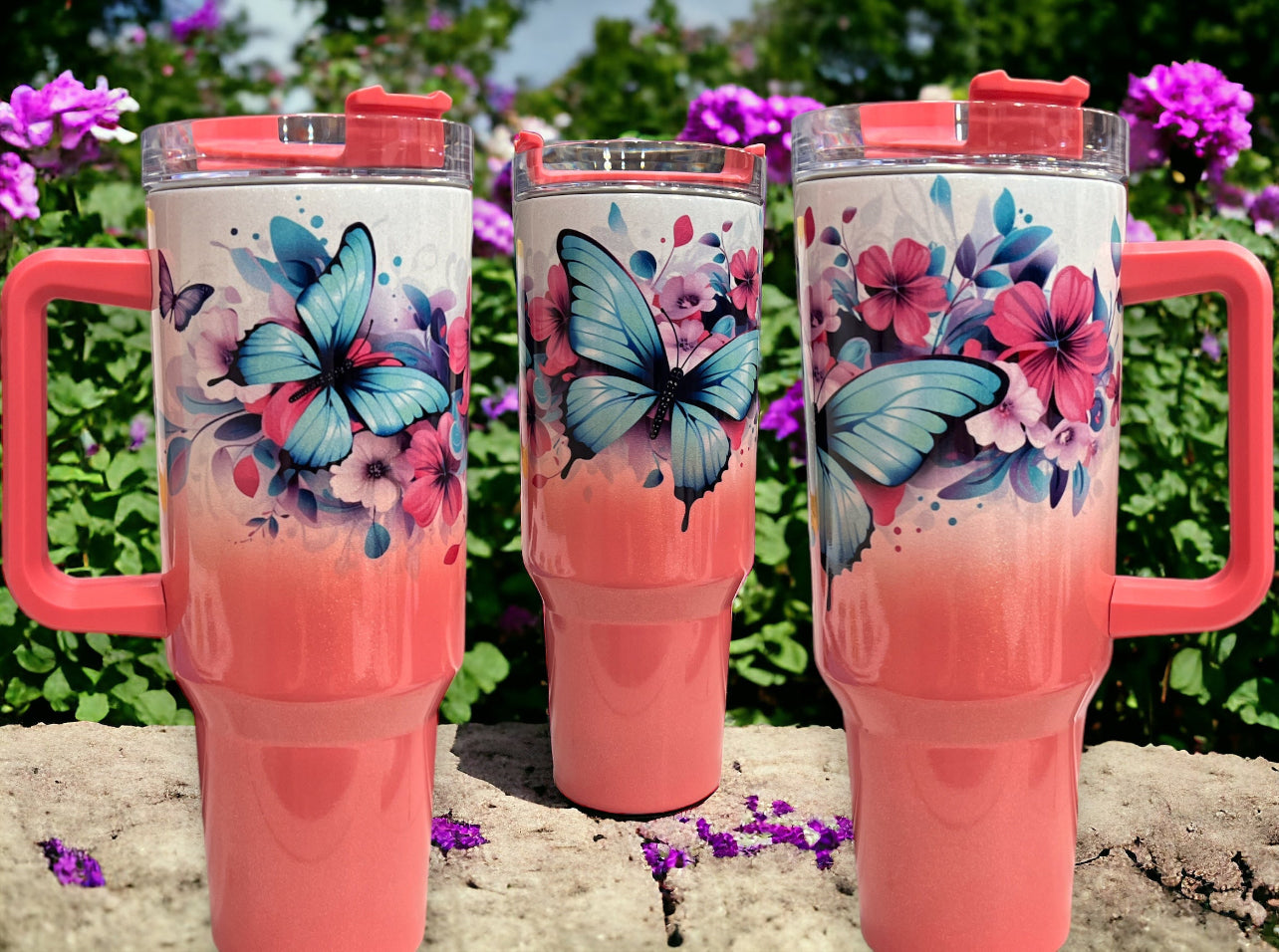 40oz Stanley Style Thirst Quencher Tumblers -butterflies holographic sparkle