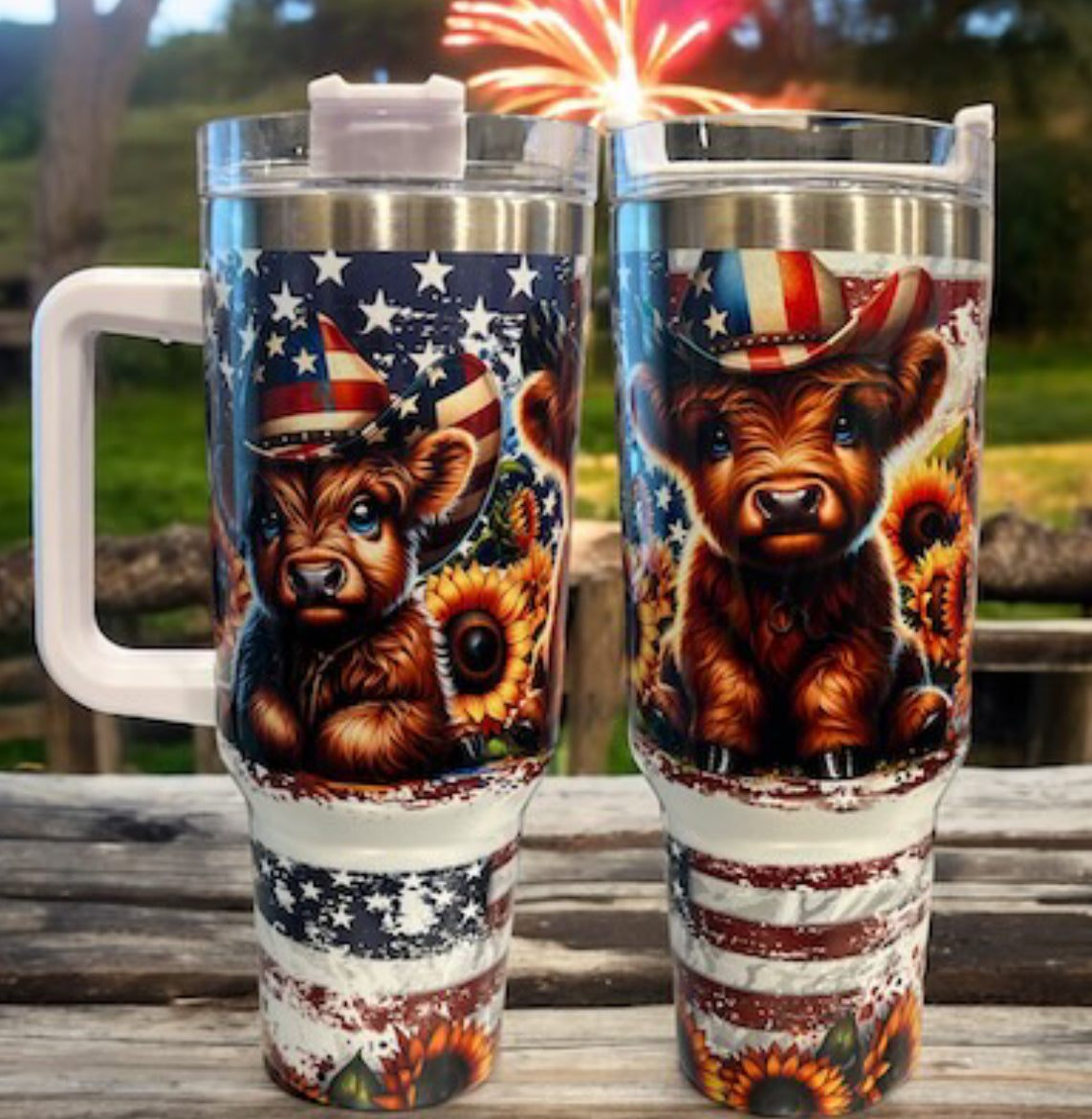 40oz Stanley Style Thirst Quencher Tumblers - Patriotic Cow holographic shimmer